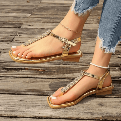 Maud Strass Decor Vierkante Hak Teensandalen - Trendora