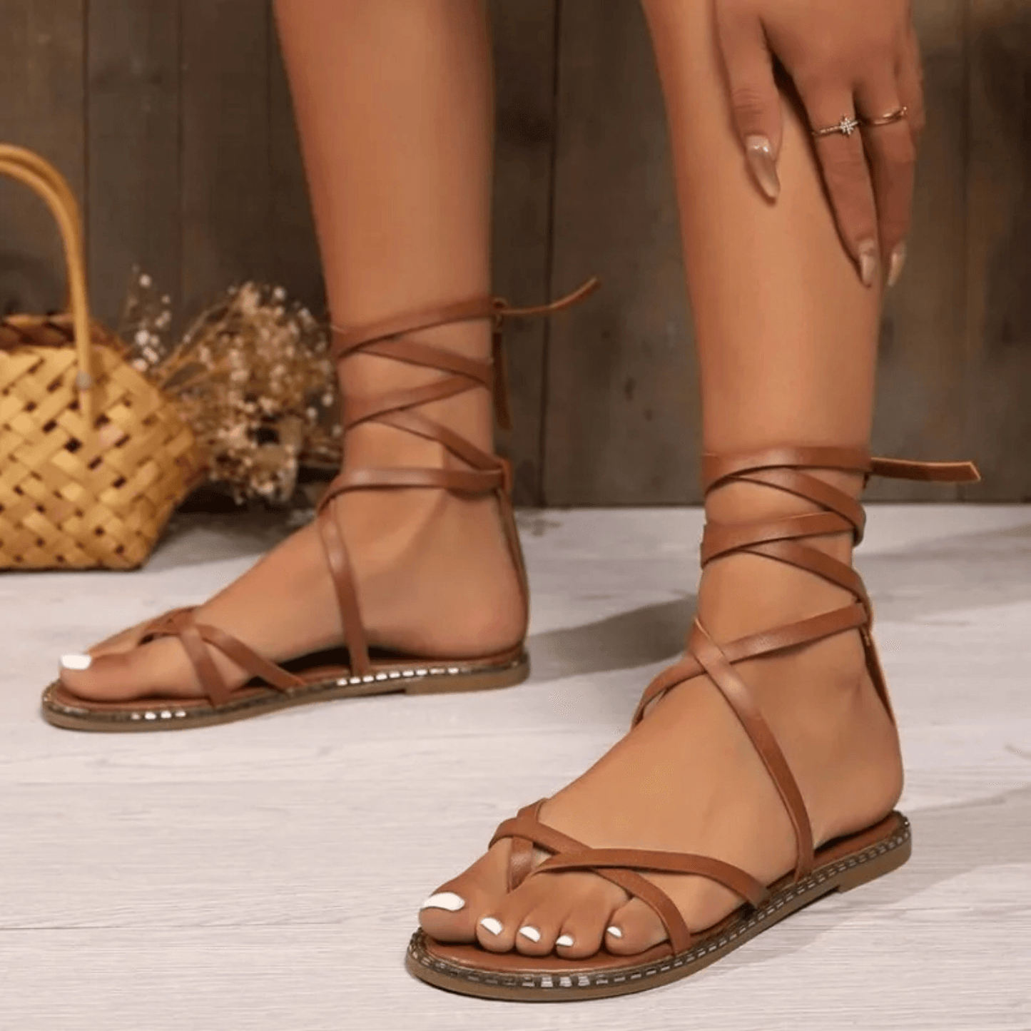 Merel Enkelband Leren Teensandalen - Trendora